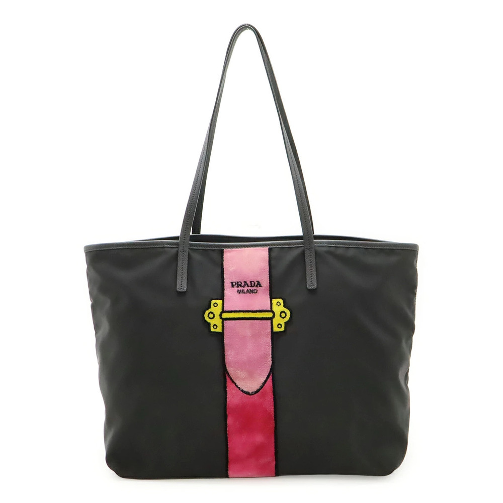 Prada Velour Belt Motif Tote Bag Shoulder Leather Black Pink